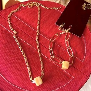 NWT gold tone and cubic shape peach pendant Necklace and Bracelet set